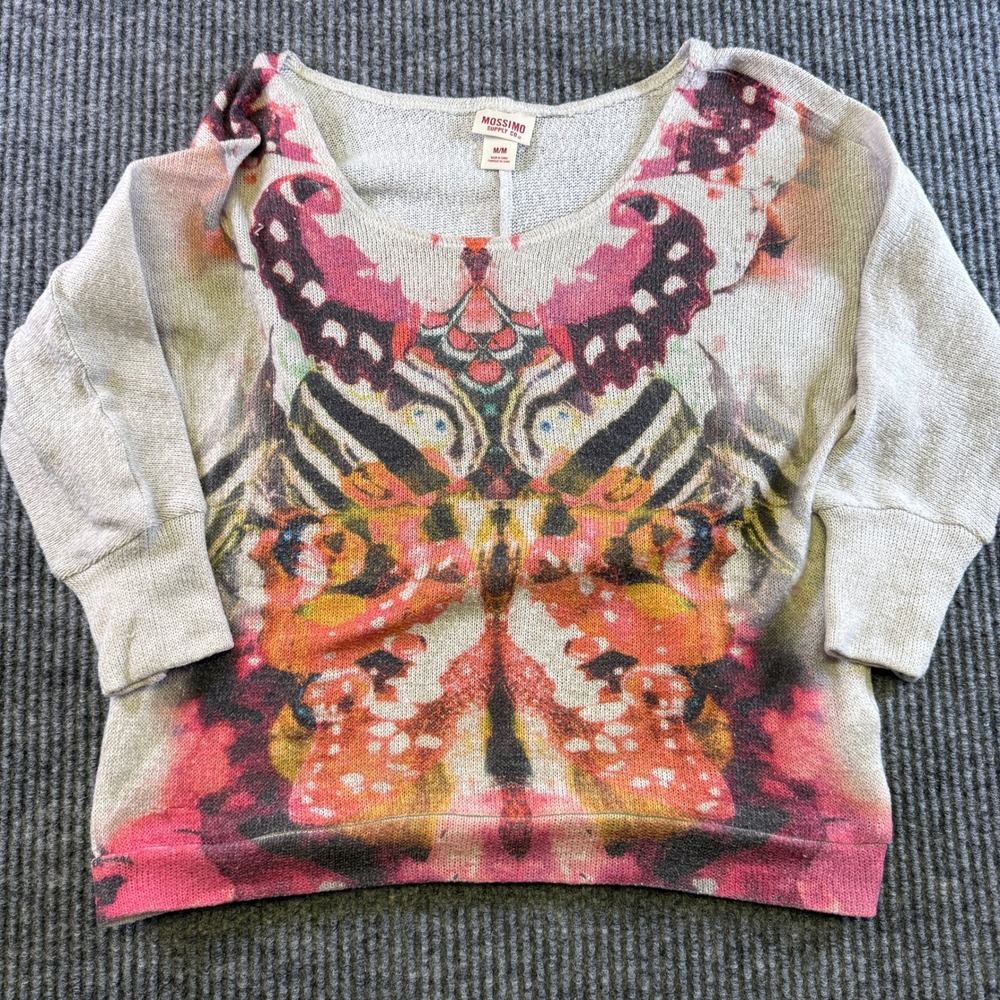 Mossimo Supply Co Womens Medium Butterfly Graphic Dolman Sleeve Knit Sweater